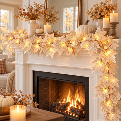 13Ft Lighted Fall Maple Leaf Garland with Warm LED Lights