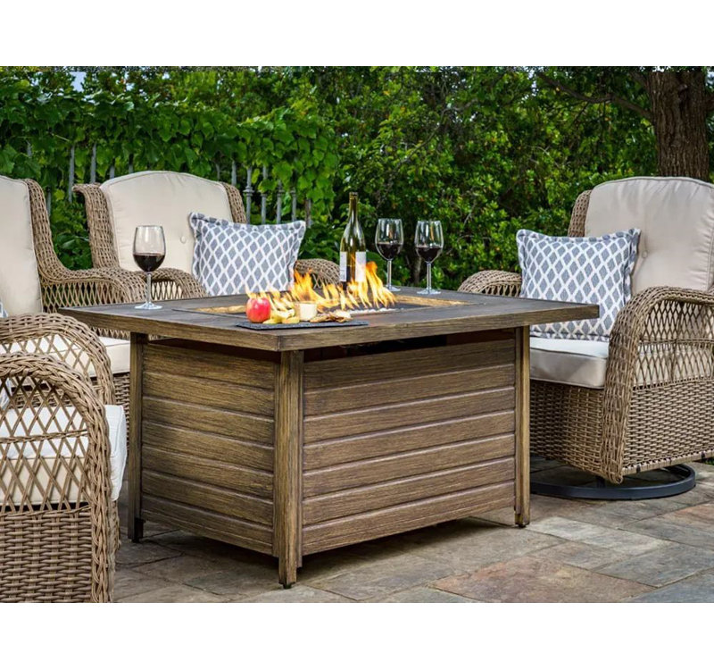 Brown Aluminum Gas Fire Pit Table with Woodgrain Finish