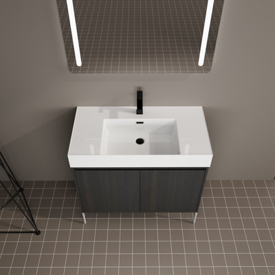 Meuble-lavabo autoportant en contreplaqué moderne 36 po avec lavabo en résine