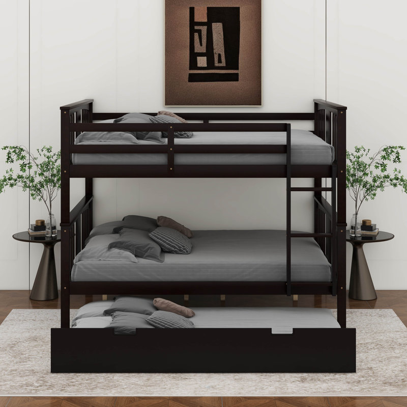 Lit superposé double au-dessus de double avec lit gigogne simple et échelle, Espresso