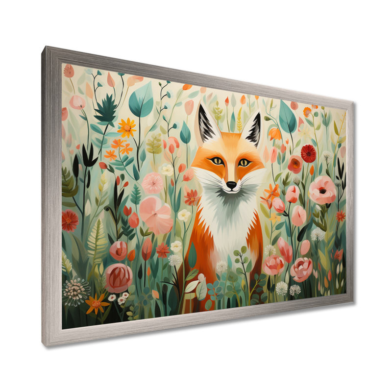 Art sur toile renard orange et rose de style IV - renard, Cadre de coin argenté fermé, H 30 po x l 40 po x P 1,5 po