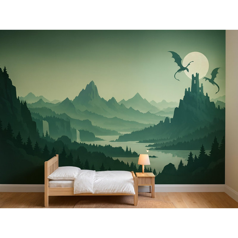 Dragon Valley Wallpaper Mural, Peel and Stick Kids Room Wall Mural, Layered Silhouette Landscape Nursery Wallpaper