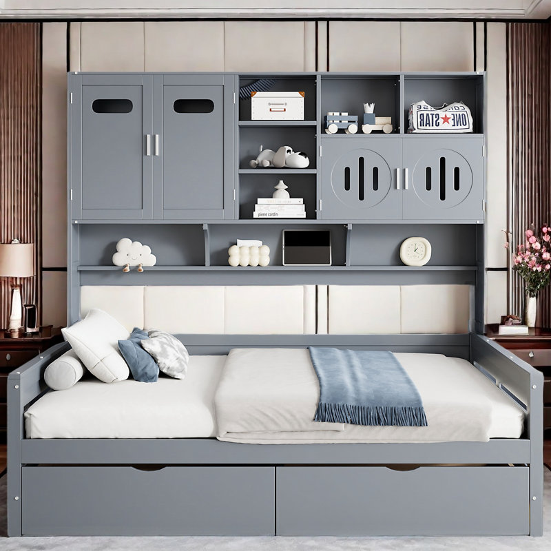 Lit de jour en bois tout-en-un Bellinger avec 2 tiroirs, armoires et tablettes, Lit simple, Gris