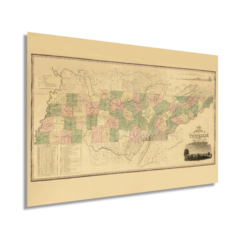 «Tennessee Map 1832», art mural sur papier, H 16 po x l 24 po x P 0,1 po