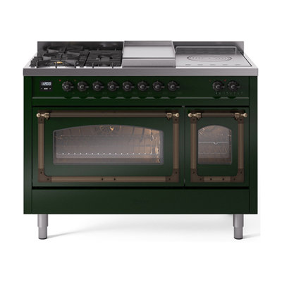 Cuisinière ILVE Nostalgie II Série 48 po à double combustible avec 5 brûleurs scellés, plaque de cuisson, table française (propane liquide, porte vitrée)