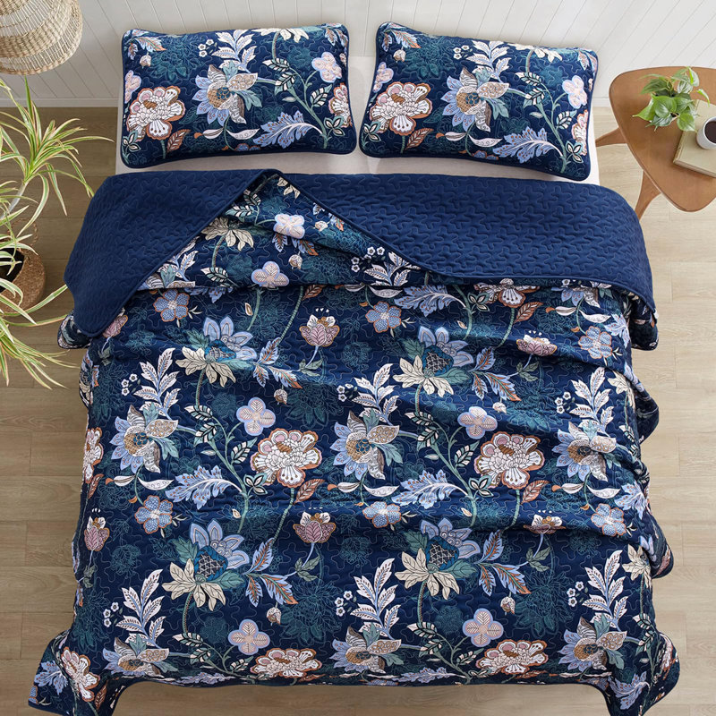 Ensemble de courtepointe 3 pièces Botanical Floral - couvre-lit toutes saisons en microfibre douce et légère, Marine