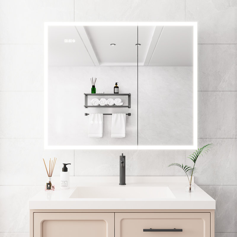 Armoire à pharmacie 3630 pouces à DEL - avec miroir, lumières, gradateur, temps et température, 2 prises de courant, double porte, couleur argent, thermolaqué, montage en surface, armoire à lumières miroir de conception américaine