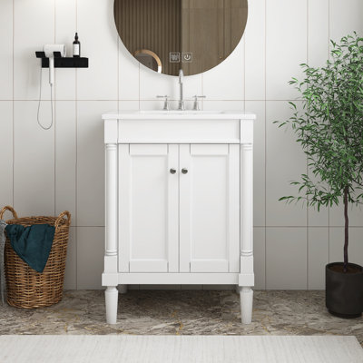 Meuble-lavabo en panneau de fibres à densité moyenne avec lavabo supérieur, armoire de rangement moderne à 2 niveaux, meuble-lavabo simple, grandes tablettes de rangement