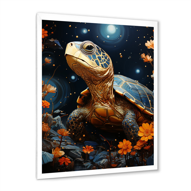 Tortue avec ciel étoilé sur toile, Cadre simple blanc, H 32 po x l 24 po x P 1 po