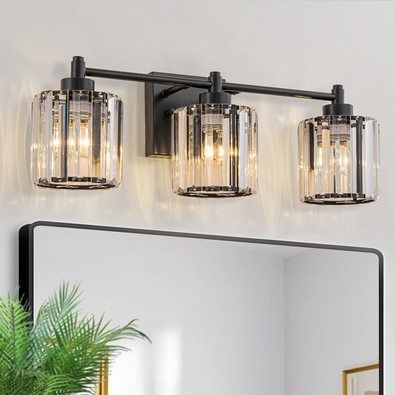 3-Light Dimmable Glass Crystal Vanity Light, Black