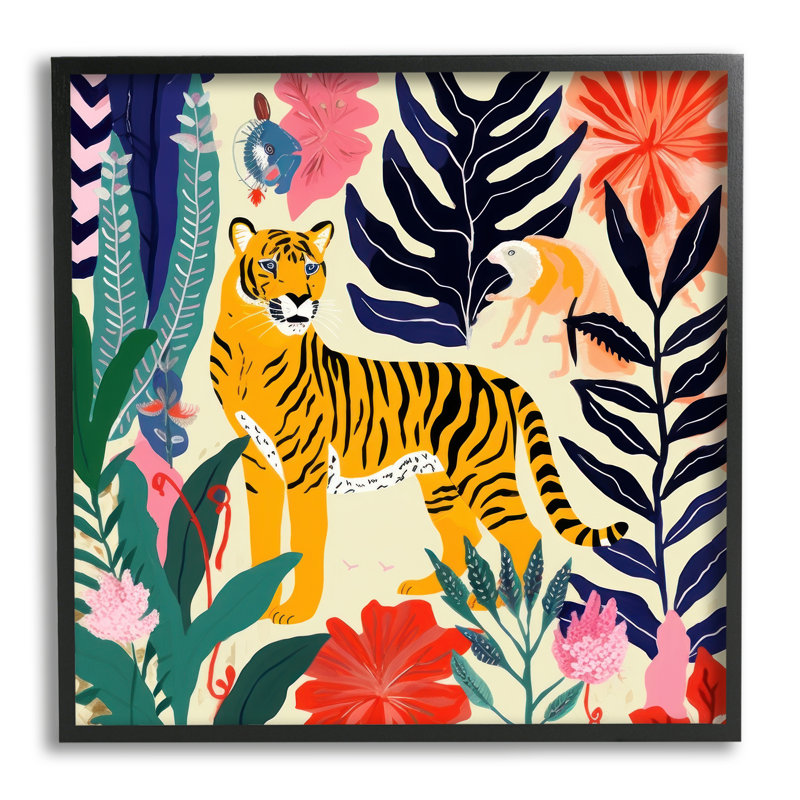 Tigre et créatures abstraites, reproduction d'art sur toile, Giclée encadrée noir minuit, H 12 po x l 12 po
