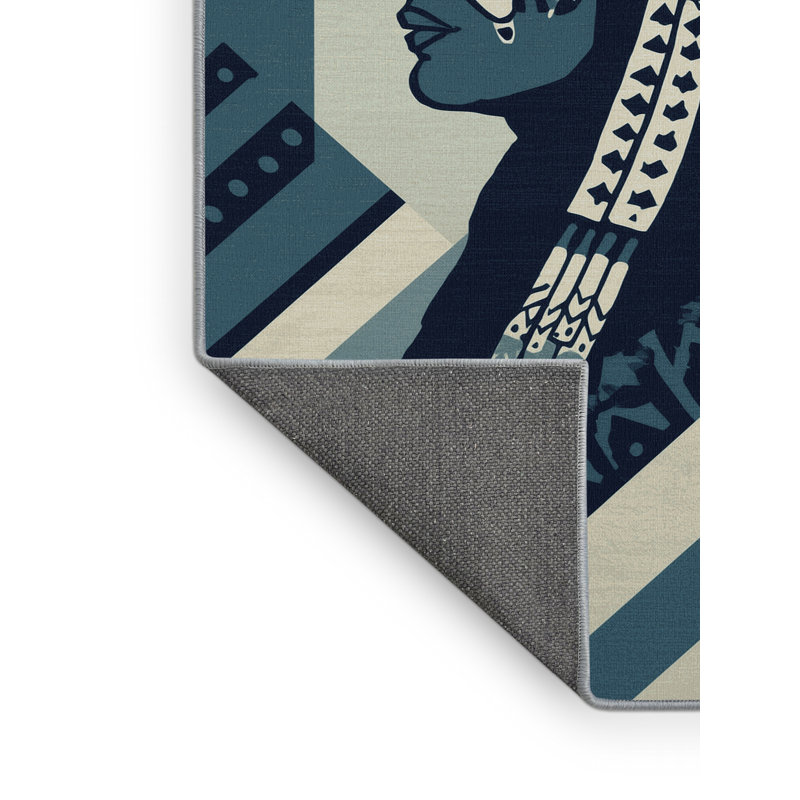 Soft Plush Durden War Painted Warrior Global Inspired Block Print Area Rug in Green – SkyBlue Binding, 4x6