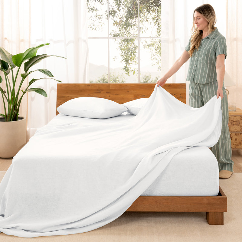 100% Linen Sheet Set, California King Sheet Set with 2 Pillowcases, White