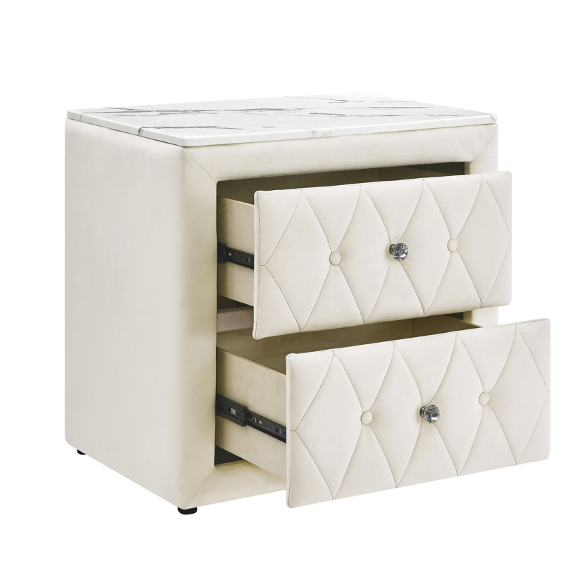 Table de chevet de chambre à coucher de style moderne avec plateau en faux marbre, surface en tissu à boutons et deux compartiments de rangement, tiroirs pour la décoration de chevet