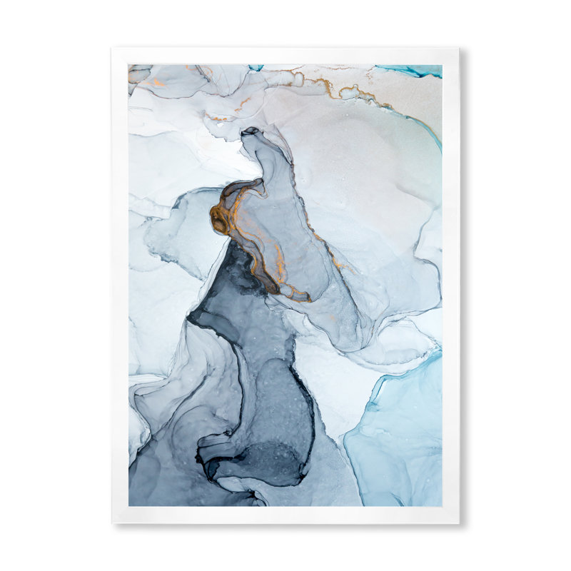 Gris et bleu marbré art ondulations - art mural moderne sur toile, H 44 po x l 34 po x P 1,5 po, Toile avec cadre blanc