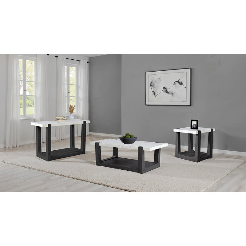 Table basse moderne 1 pièce de style contemporain avec plateau en faux marbre et deux tons au fini noir et blanc, salon principal