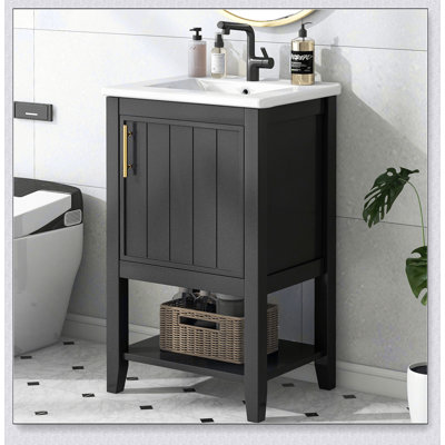 Meuble-lavabo de 20 po avec lavabo, armoire de salle de bain avec porte à fermeture douce, support de rangement et tablette ouverte, noir