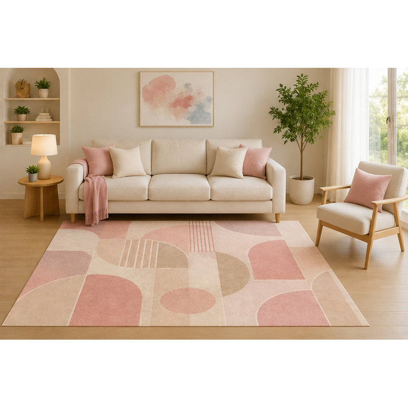Tapis à motif géométrique incurvé moderne beige ultra-léger 5 pi x 7 pi pour bureau de chambre à coucher, envers en silicone antidérapant, tapis à poils courts