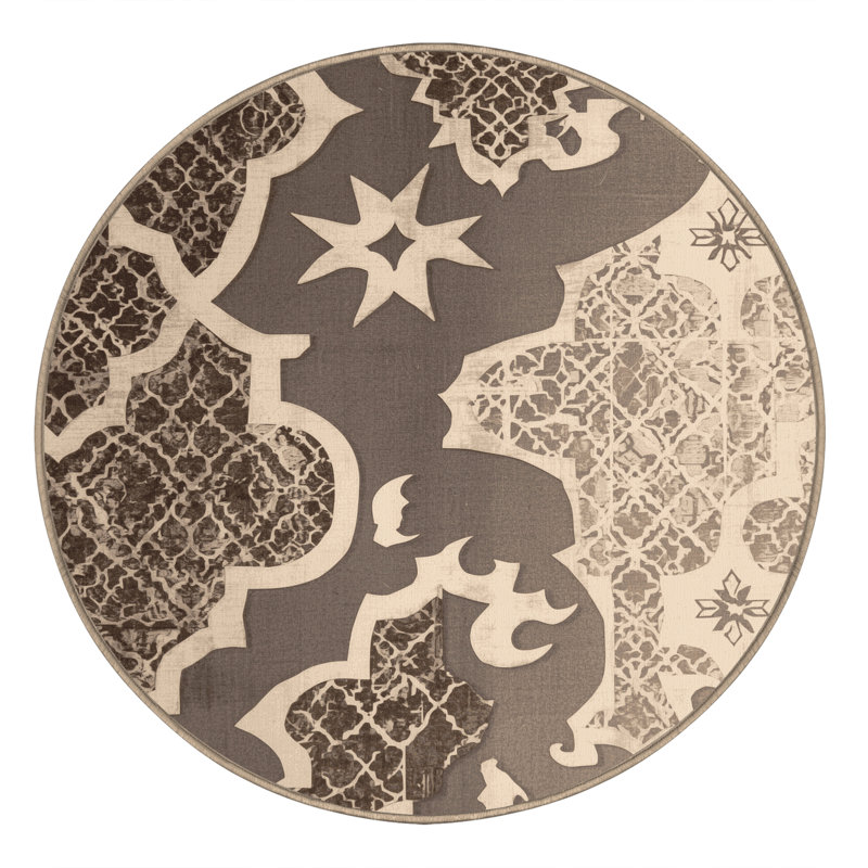 Tapis d'inspiration mondiale brun / beige lavable à la machine Penola, Rond 7 pi