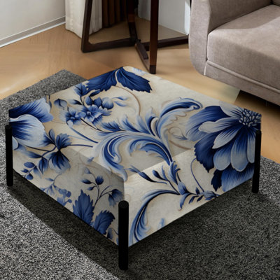 Motif victorien bleu à motif de frises ornementales - Grand repose-pieds carré floral