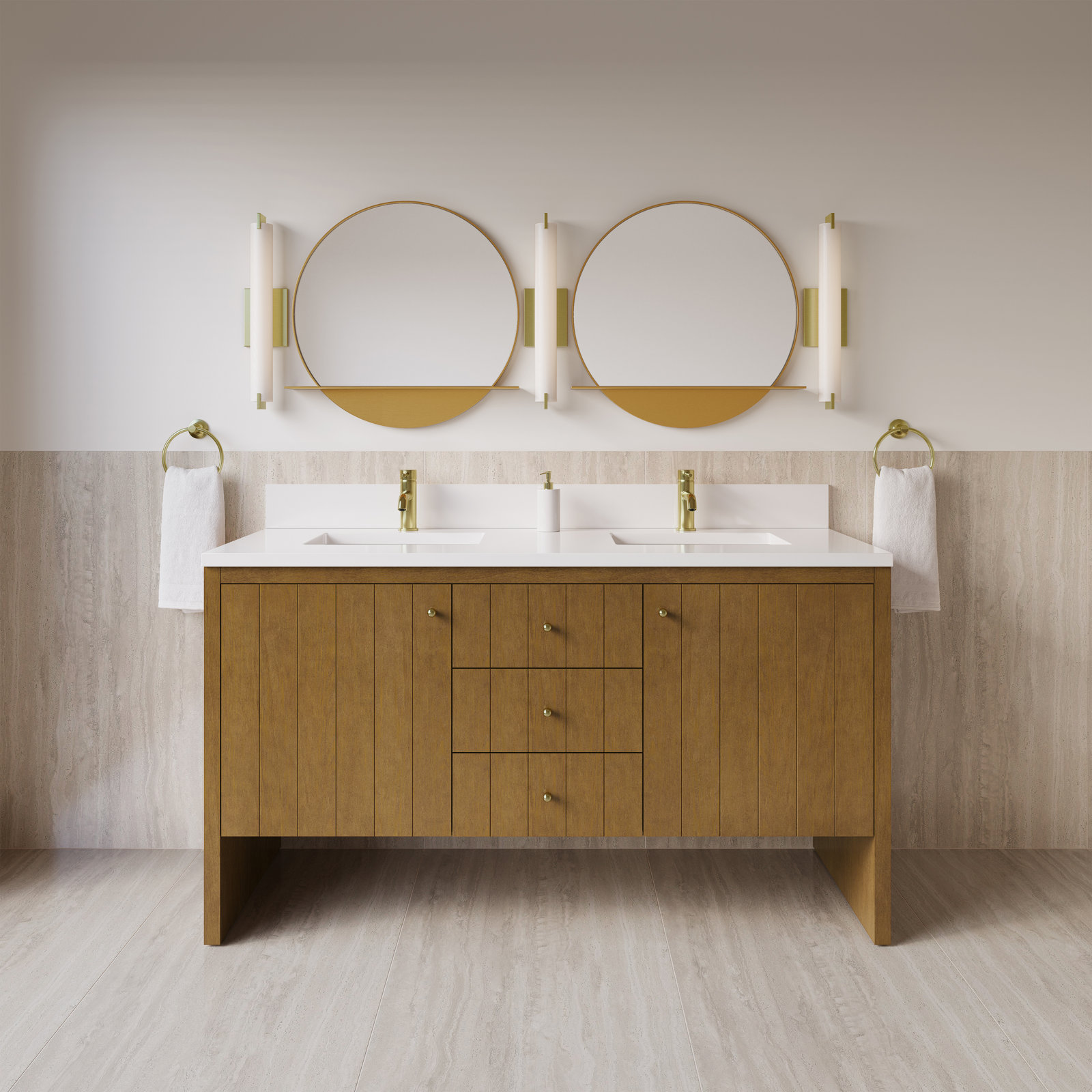 Hudson 60'' Double Bathroom Vanity, White Zeus, Single-Hole, Honey Brown
