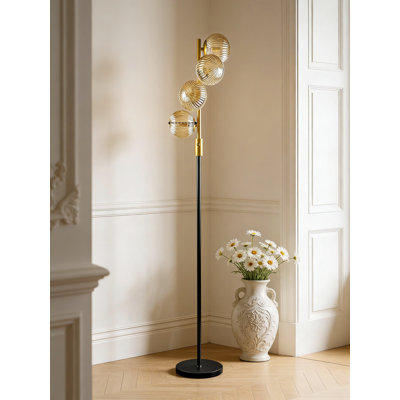 Mid Century Modern Floor Lamp With Glass Globe Shade - Stepless Dimmable Standing Lamp For Living Room, Includes 4 Warm White Bulbs, Stable Design For Home Decor