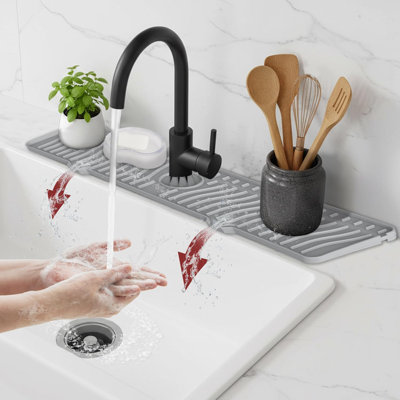 Silicone Kitchen Sink Splash Guard - 24.01 Inch Faucet Mat For Kitchen Sink Water - Longer Faucet Handle Drip Catcher Tray-Sink Guard For Kitchen Sink (Grey)