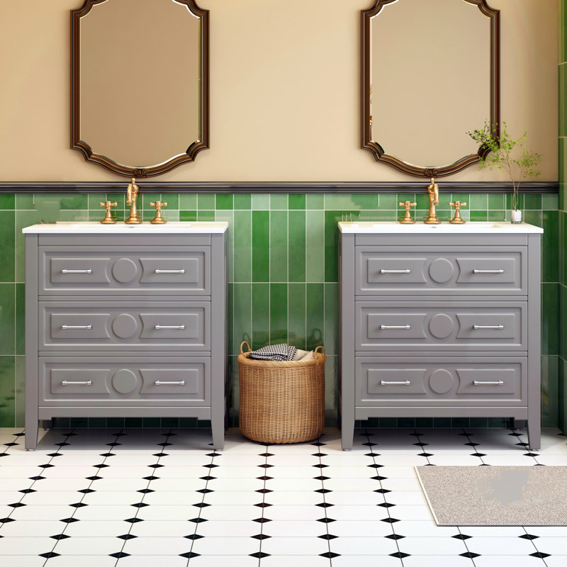 Ensemble de meuble-lavabo autoportant 60 po avec lavabo en céramique 60 po, 3 tiroirs, armoire de rangement en bois massif, gris