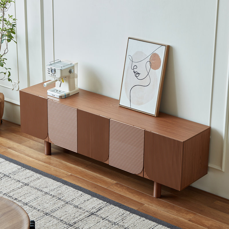  Meuble télé 70,9 po en noyer de style Mid-Century pour téléviseur de 80 po avec porte cannelée et 4 grands armoires de rangement pour le salon
