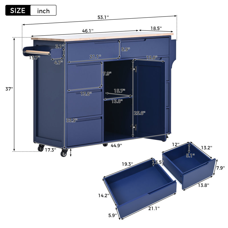 53.17" Rolling Mobile Kitchen Island with Solid Wood Top, Storage Cabinet and Drop Leaf Top, Spice Rack, Towel Rack for Kitchen, Dining Room