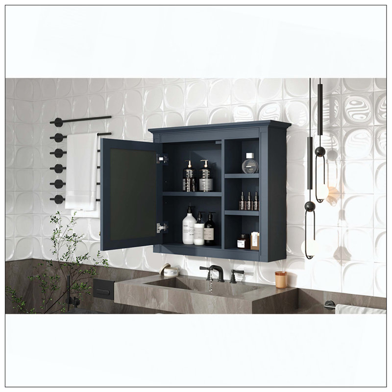 Wall Mounted Medicine Cabinet Mirror 3 Open Shelves, Dark Blue