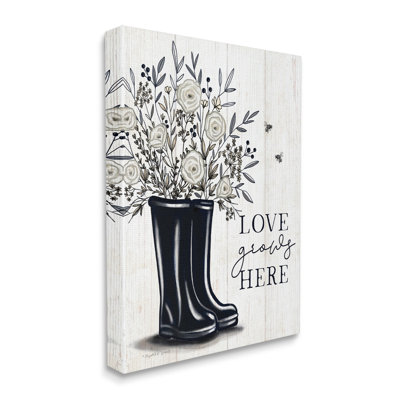 Love Grows Here White Roses Black Rainboots Sign by Elizabeth Tyndall - Print