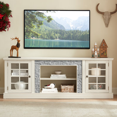 69.41'' Modern White Entertainment Cabinet With 2-door Storage, Faux Stone Finish, 75'' Tv Support, 6 Cable Cutouts, 4 Shelves 70" Design, Adjustable