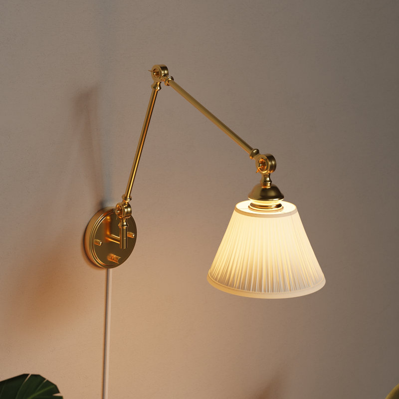 Plug-in/Hardwired Swing Arm Sconce, Gold & White