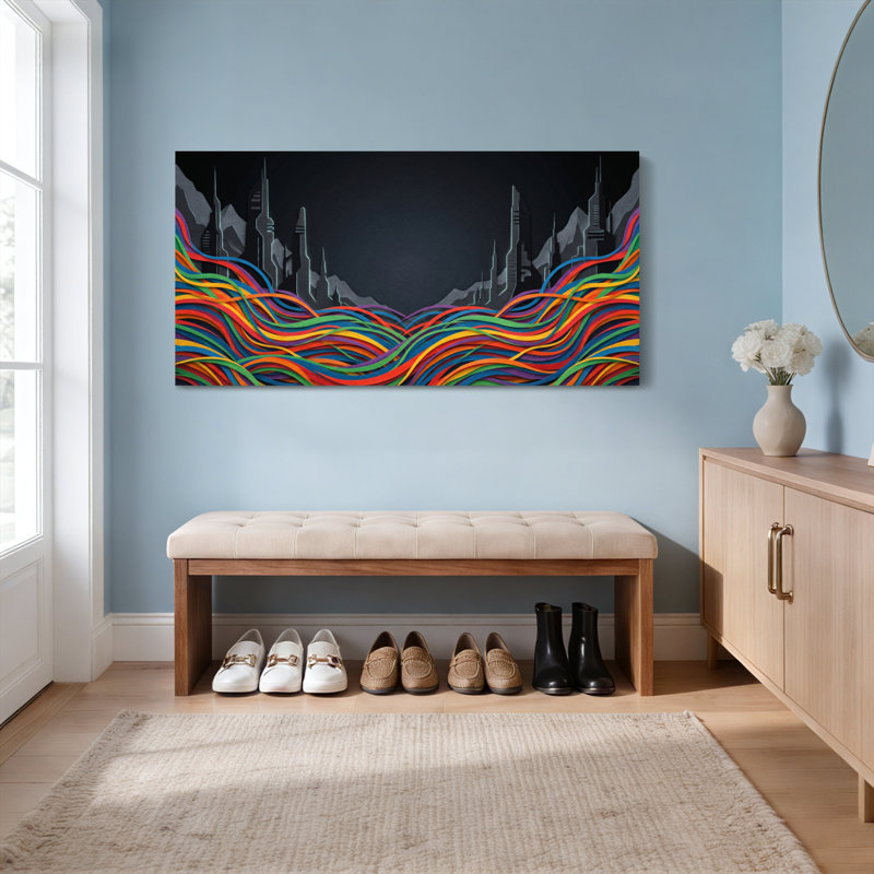 Ensemble de 1 toile tendue représentant des vagues abstraites colorées et un paysage urbain futuriste, 3216