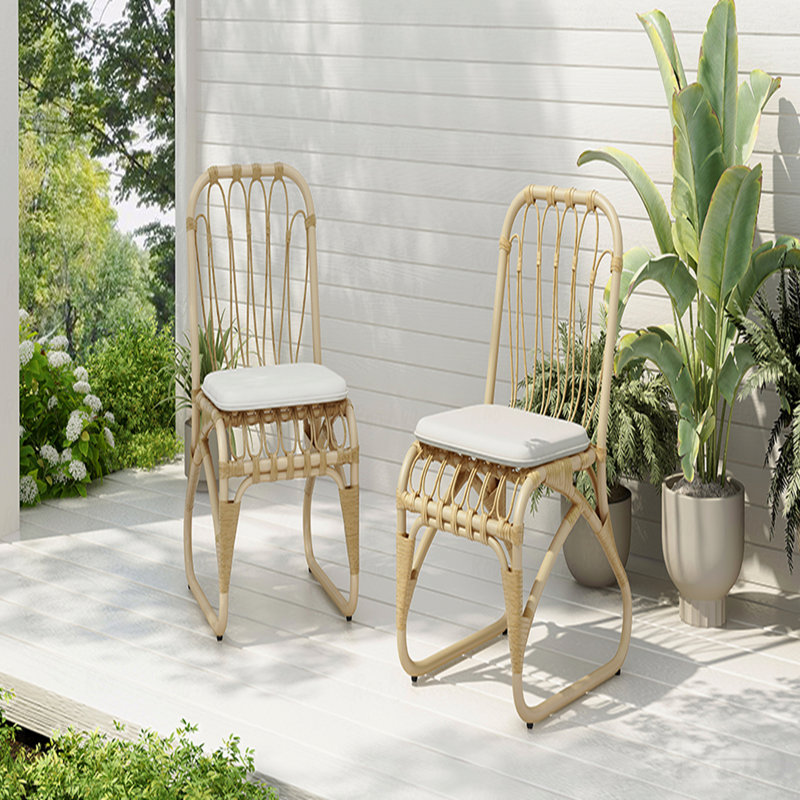 Ensemble de 2 chaises d'extérieur en osier avec coussins lavables PE, Naturel / jaune
