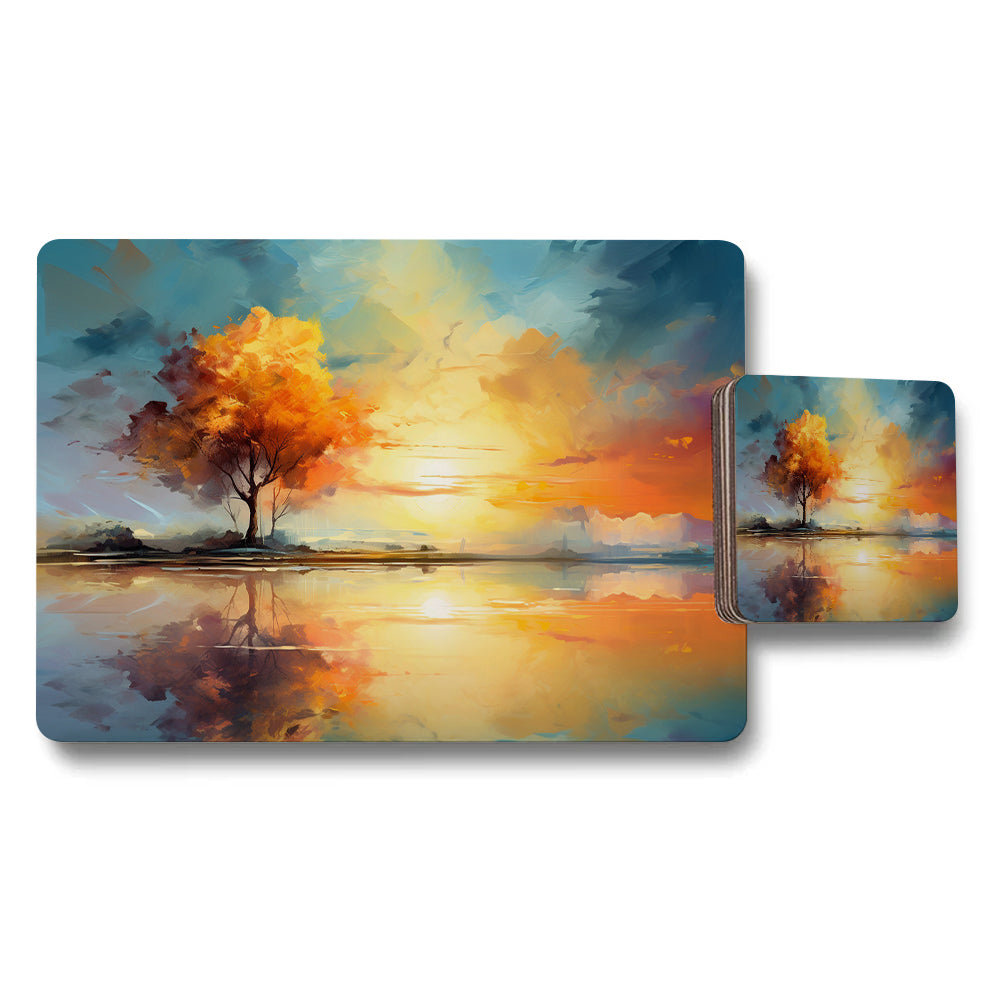 Sunset Tree Landscape Placemat Coaster Set With Water Reflection Art