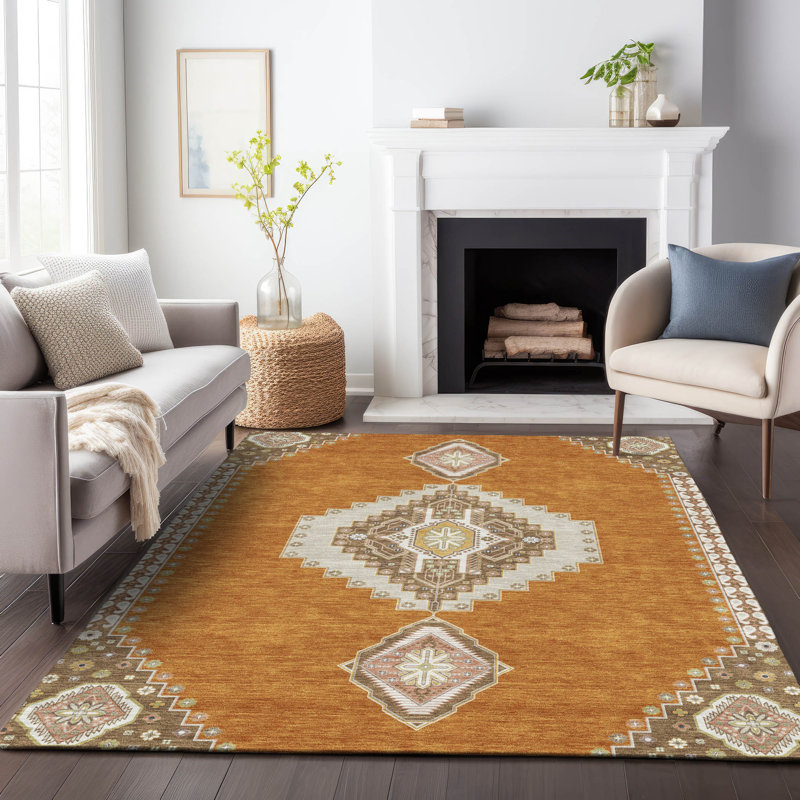 Copper and Beige Rectangular Synthetic Medallion Rug