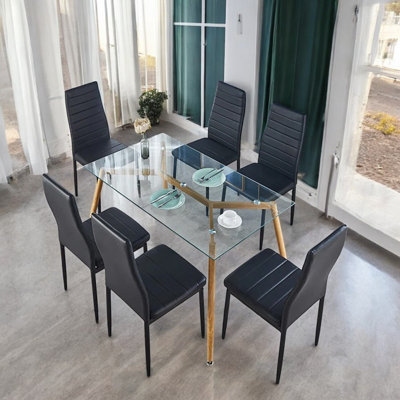 7 PCS Rectangualr Glass Top Dining Table Set With High Back Parson Chairs