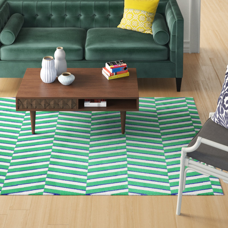 Tapis décoratif vert à rayures fracturées, Rectangle 5 pi x 7 pi
