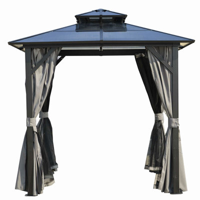 Pavillon de jardin extérieur pour barbecue 8 x 8 pi, toit rigide avec toit en polycarbonate résistant aux rayons UV et crochets de rangement pour patio, pelouse et jardin