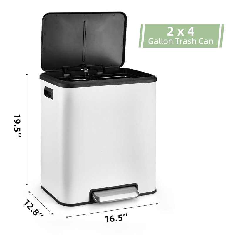 White Stainless Steel Rectangular Kitchen Step Trash Can with Dual Compartments