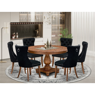 Ensemble de salle à manger 7 pièces en polyester 6 chaises rembourrées noires, dossier capitonné et table de salle à manger ronde de 54 po au fini noyer antique.