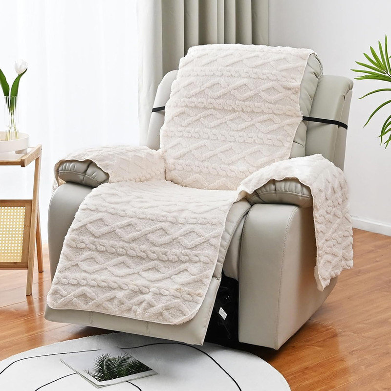 Geometric Jacquard Plush Recliner Chair Cover Soft Fuzzy Fluffy Reclining Chair/Furniture Protector with Elastic Straps for Kids, Pets(Beige,21.7")