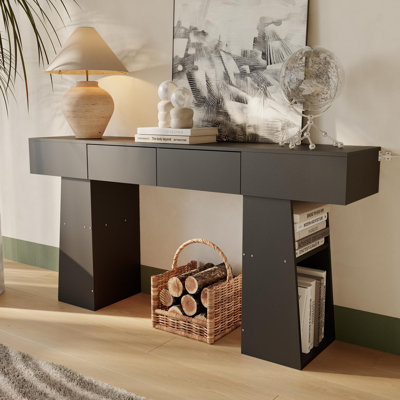Console de 63 po de long avec 2 tiroirs, table de ferme moderne derrière le canapé avec espace de rangement caché, canapé en bois étroit pour le couloir d'entrée, salon