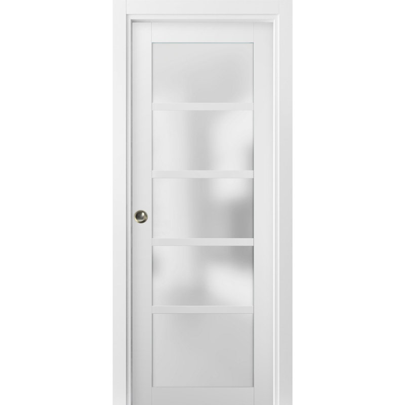 Quadro White Silk Pocket Door with Frosted Glass and Hardware Kit