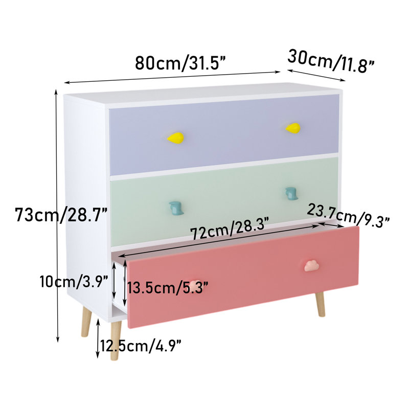 Commode moderne à 3 tiroirs de 80 cm de large, meuble de rangement en bois pour garde-robe et salon, colorée