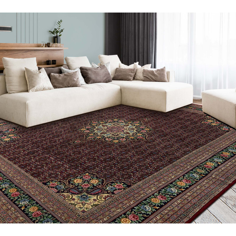 Tapis rouge et bleu noué à la main de haute qualité