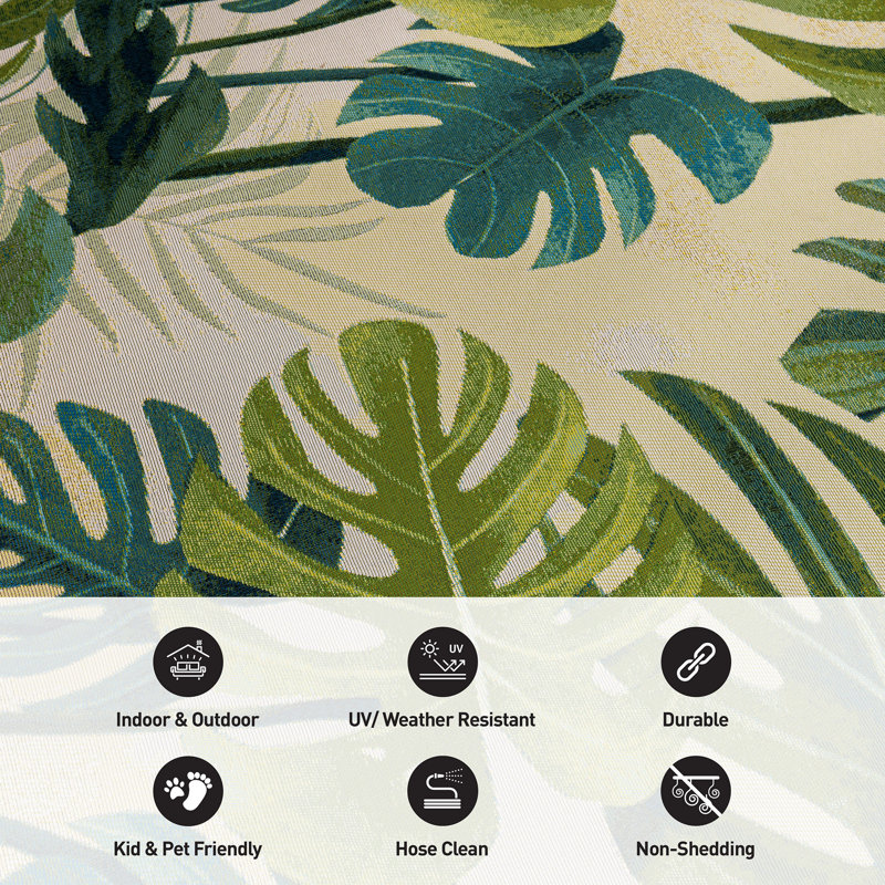 Monstera Palm Leaf Indoor/Outdoor Area Rug, Green Botanical Patio Rug, Rectangle 6'6" x 9'