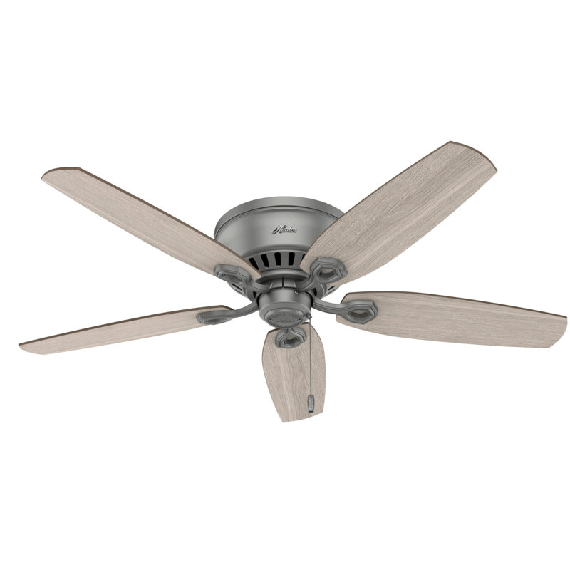 Builder Low Profile 52" 5 - Blade Flush Mount Ceiling Fan with Lights and Pull Chains, Matte Silver/Warm Gray/Light Gray Oak